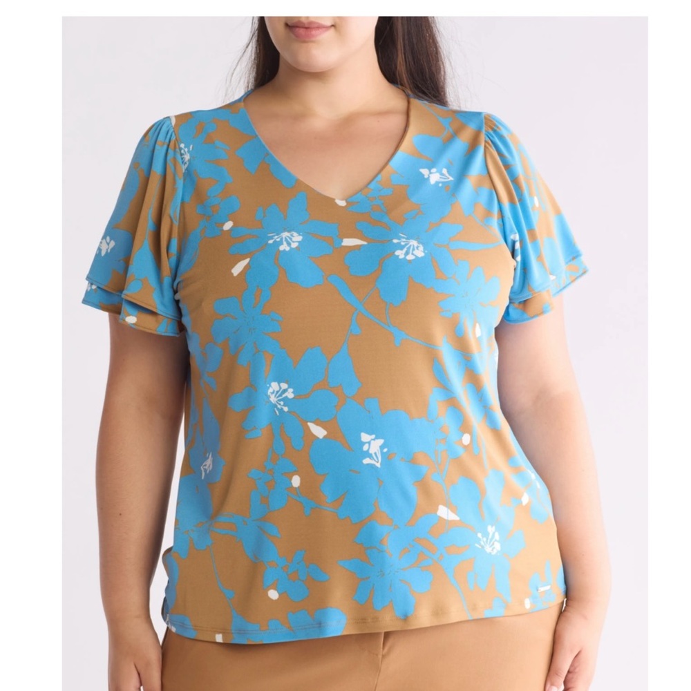 Calvin Klein Floral V-Neck Top - Blue and Tan